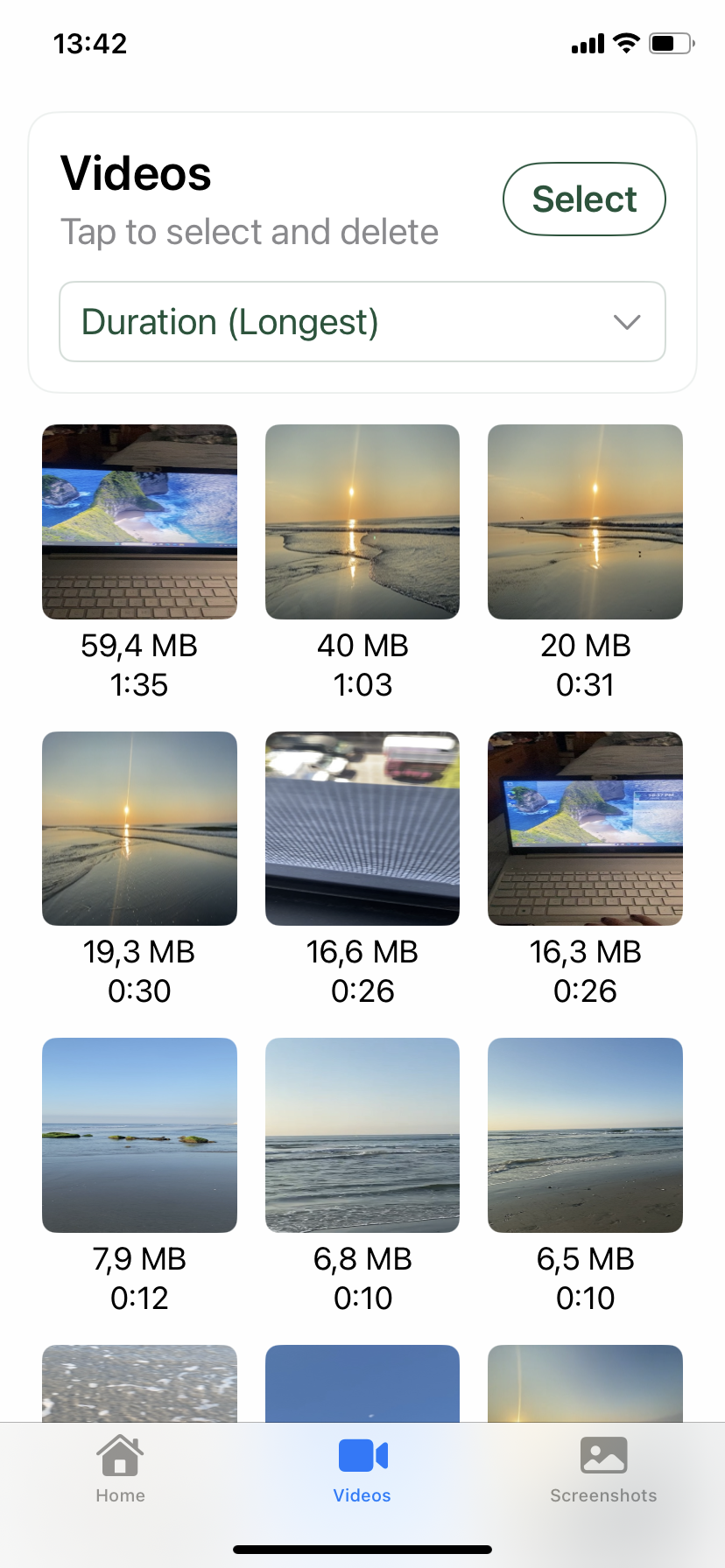 Video storage analysis interface showing file sizes and duration breakdown